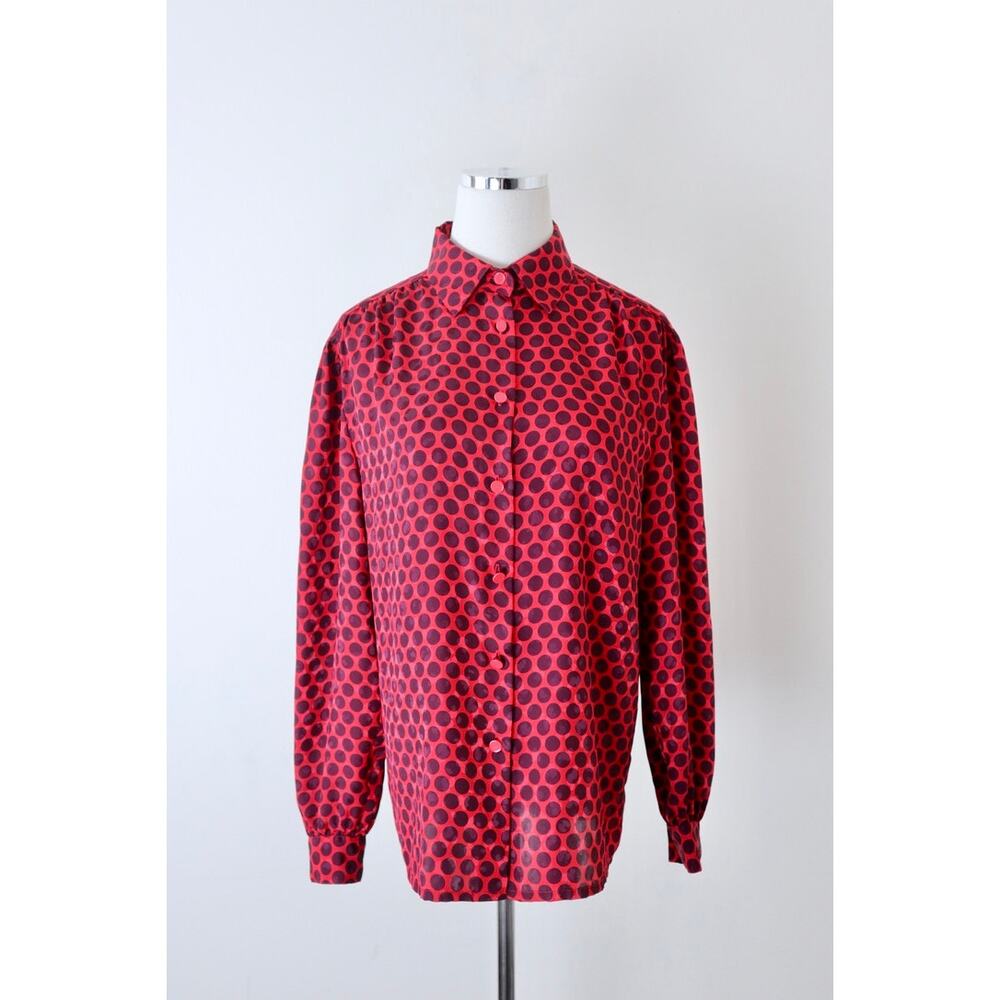Vintage 1990s Louis Feraud Button Down Blouse Long Sleeve Collared Polka Dot Red - Picture 2 of 12